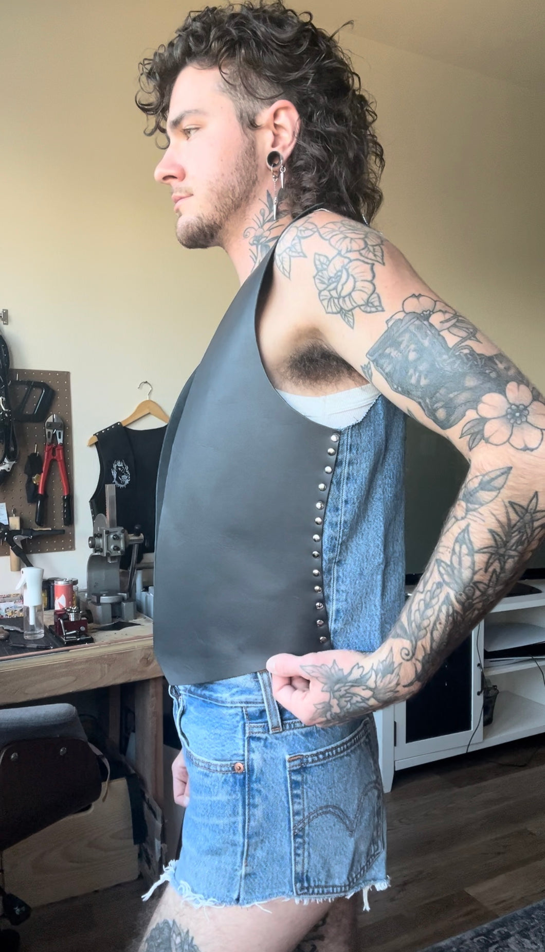 denim/leather vest